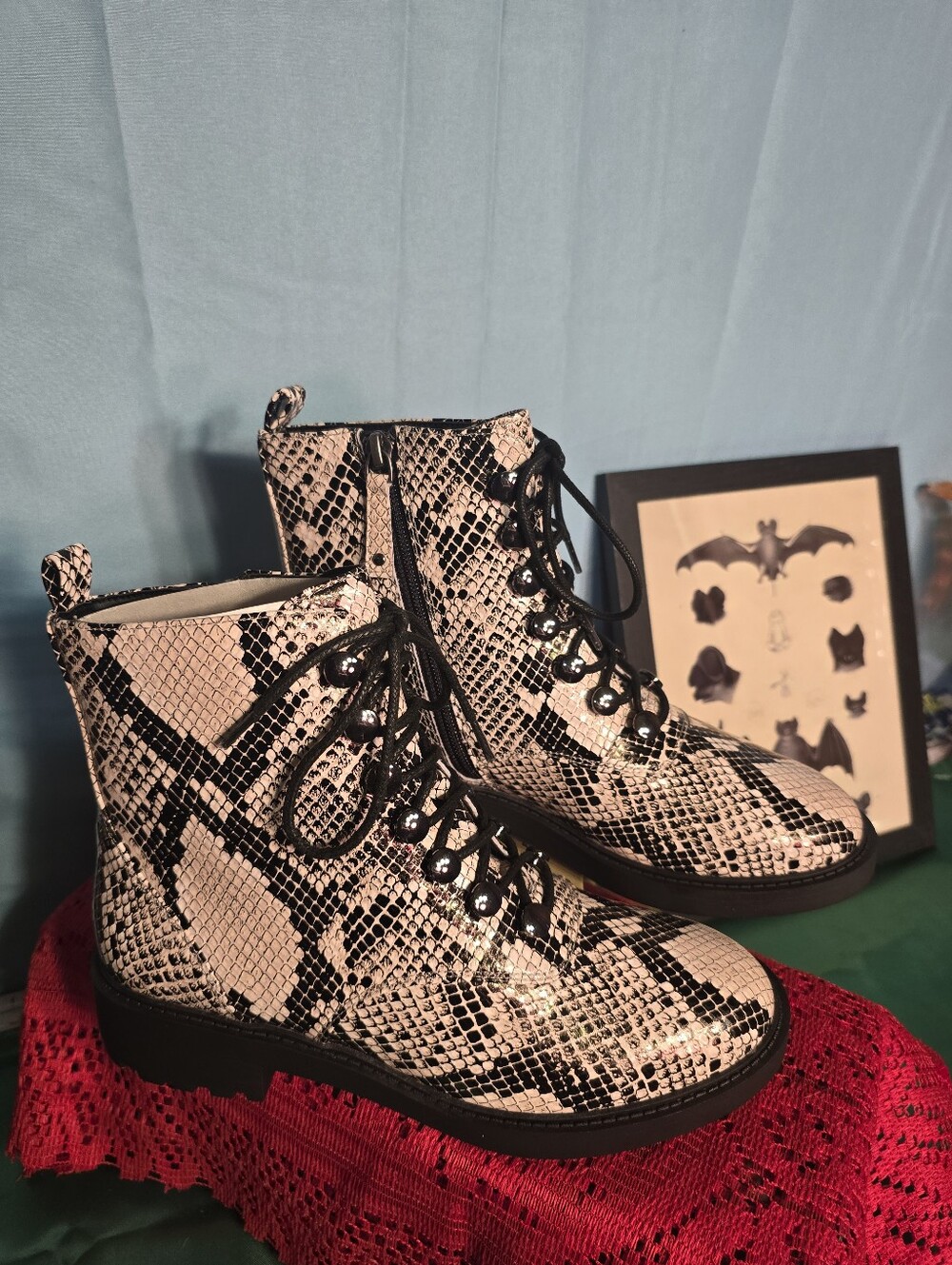 Paolo Black and Beige Snake-Print Combat Boots